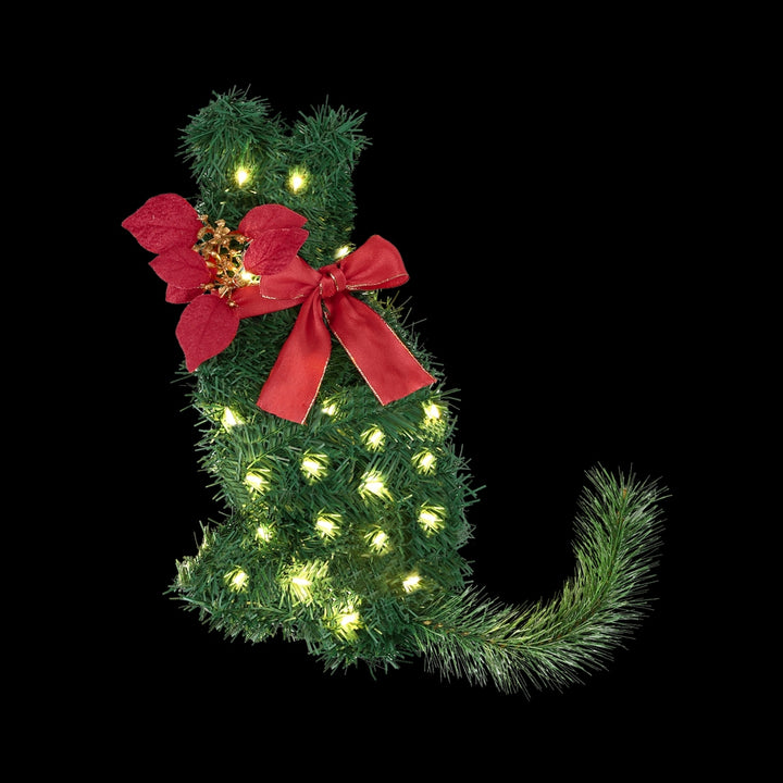 Jingle Jollys Cat Christmas Wreath Pre-lit 20 LED Xmas Decor Bow Flower 35x30cm - Homecoze