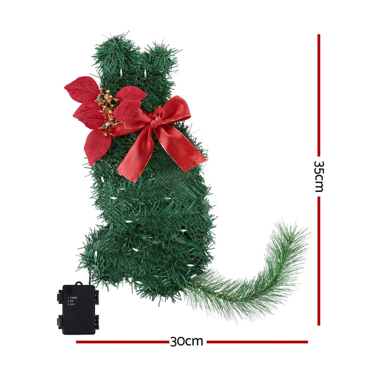 Jingle Jollys Cat Christmas Wreath Pre-lit 20 LED Xmas Decor Bow Flower 35x30cm - Homecoze
