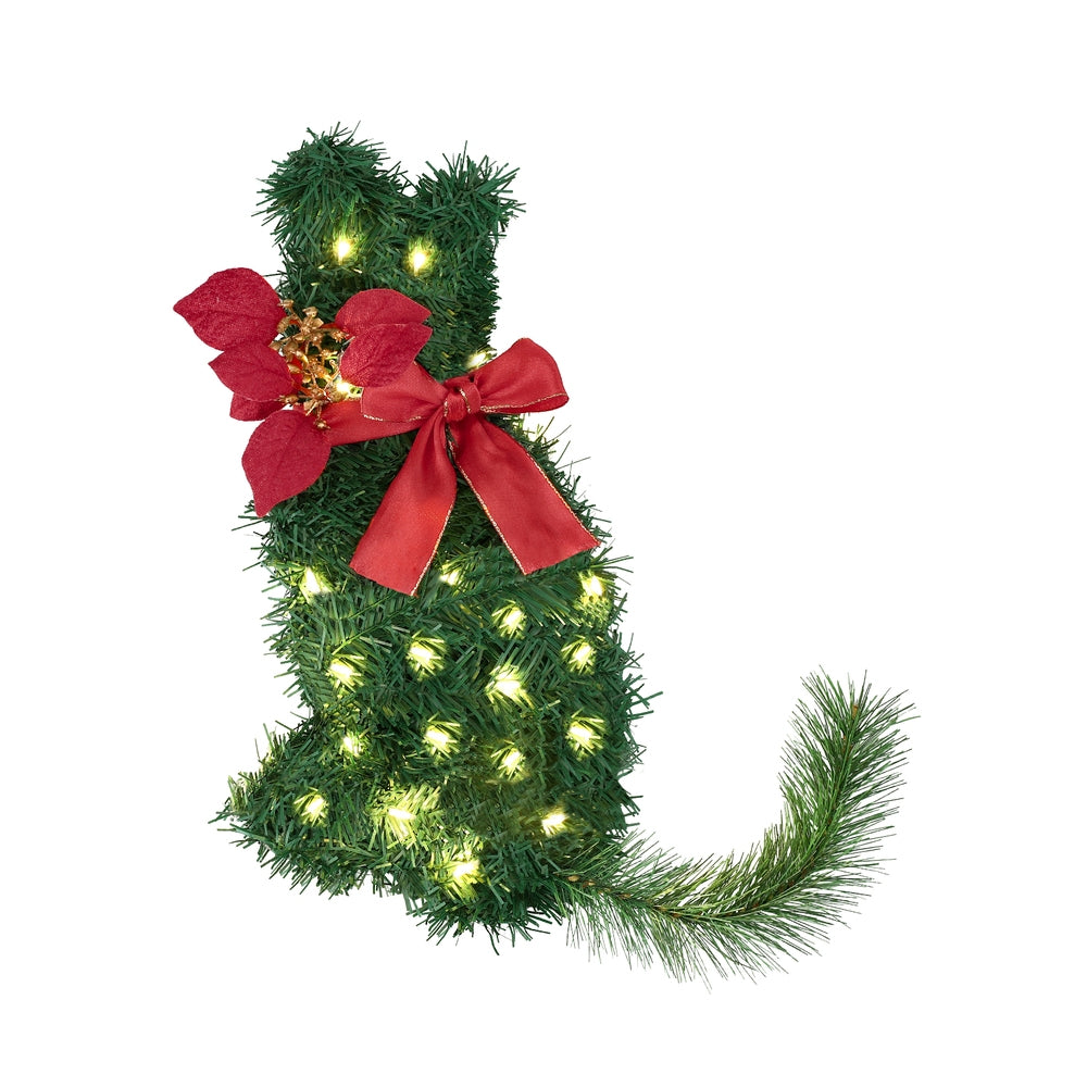 Jingle Jollys Cat Christmas Wreath Pre-lit 20 LED Xmas Decor Bow Flower 35x30cm - Homecoze