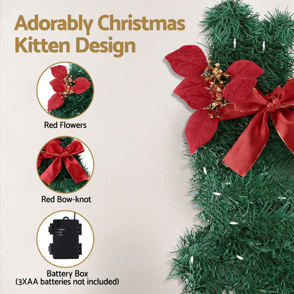 Jingle Jollys Cat Christmas Wreath Pre-lit 20 LED Xmas Decor Bow Flower 35x30cm - Homecoze