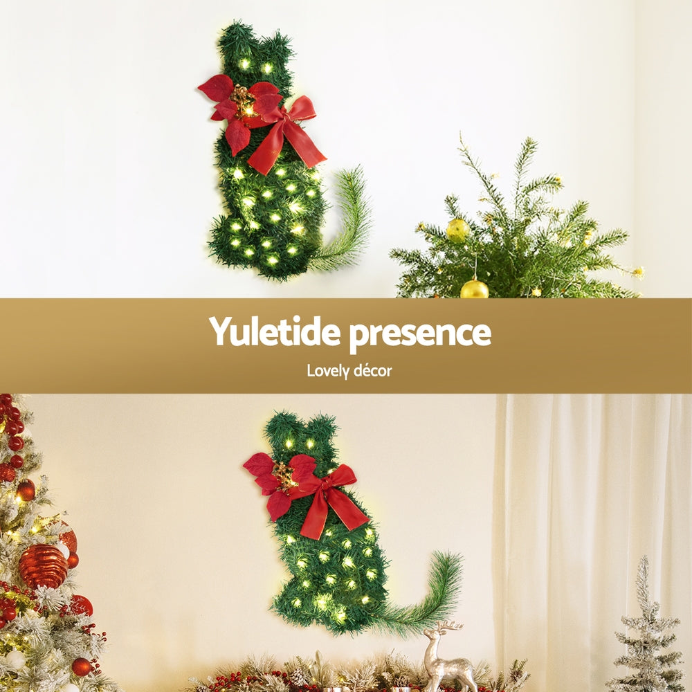 Jingle Jollys Cat Christmas Wreath Pre-lit 20 LED Xmas Decor Bow Flower 35x30cm - Homecoze