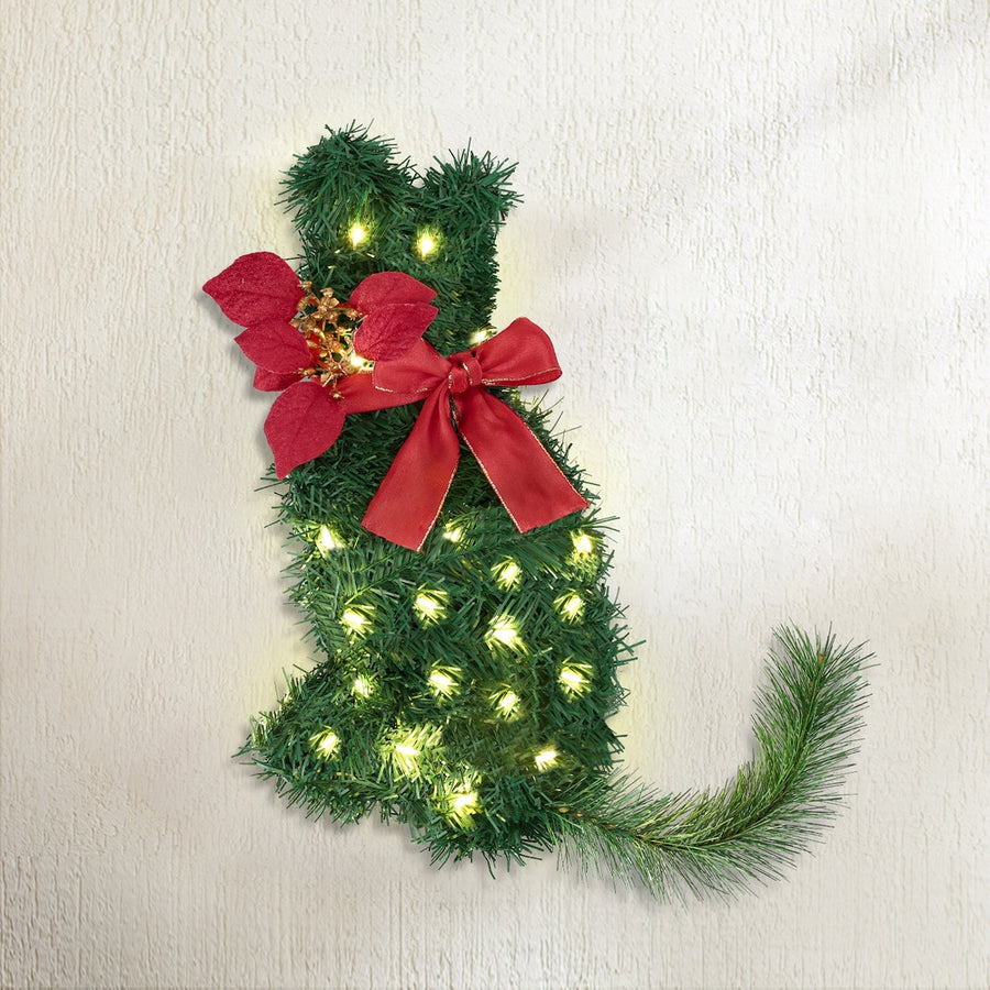 Jingle Jollys Cat Christmas Wreath Pre-lit 20 LED Xmas Decor Bow Flower 35x30cm - Homecoze
