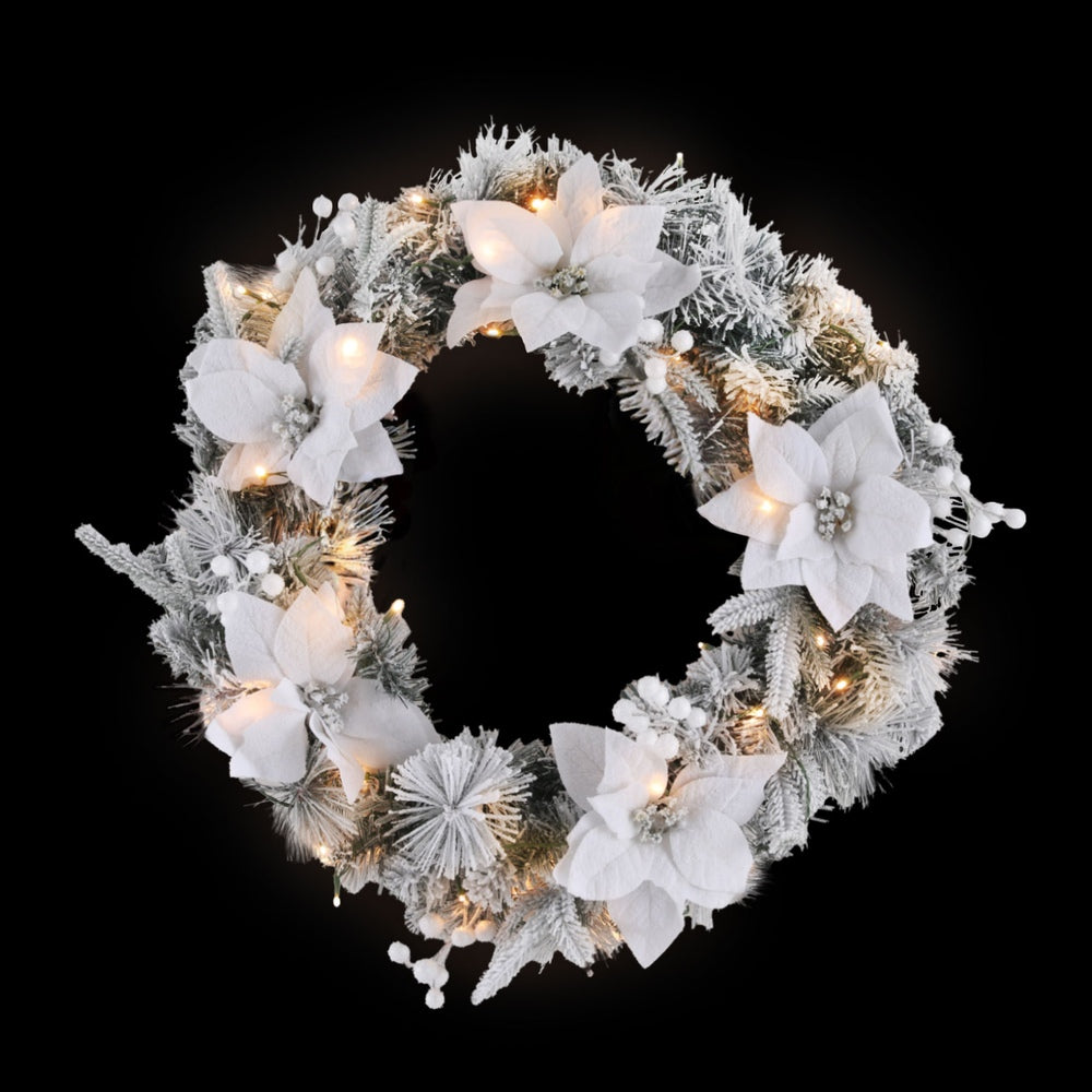 60cm Snow Flocked Decorated Christmas Wreath LED Lights - Homecoze