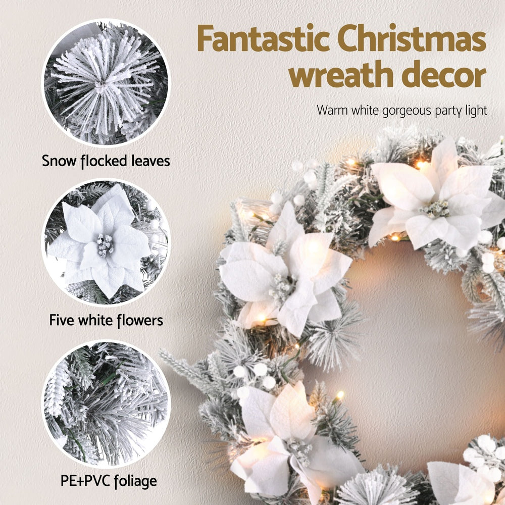 60cm Snow Flocked Decorated Christmas Wreath LED Lights - Homecoze