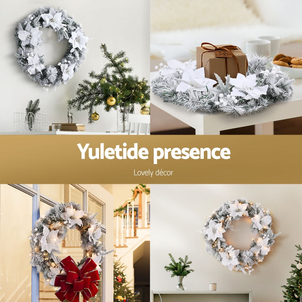 60cm Snow Flocked Decorated Christmas Wreath LED Lights - Homecoze