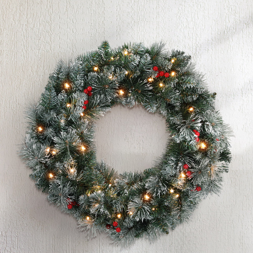 60cm Snow Flocked Christmas Wreath LED Lights - Homecoze