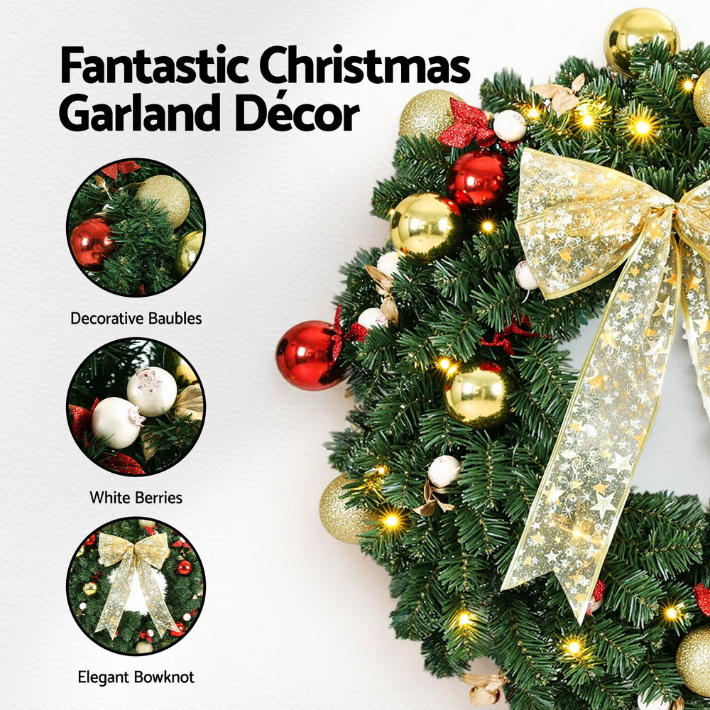 Jingle Jollys Christmas Wreath 60CM LED Garland Berries Bow Baubles Xmas Decor - Homecoze