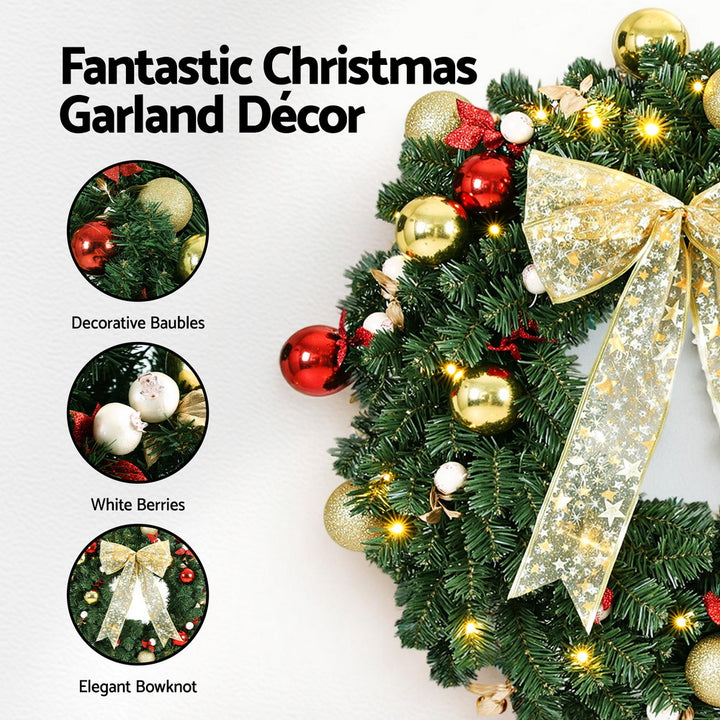Jingle Jollys Christmas Wreath 60CM LED Garland Berries Bow Baubles Xmas Decor - Homecoze