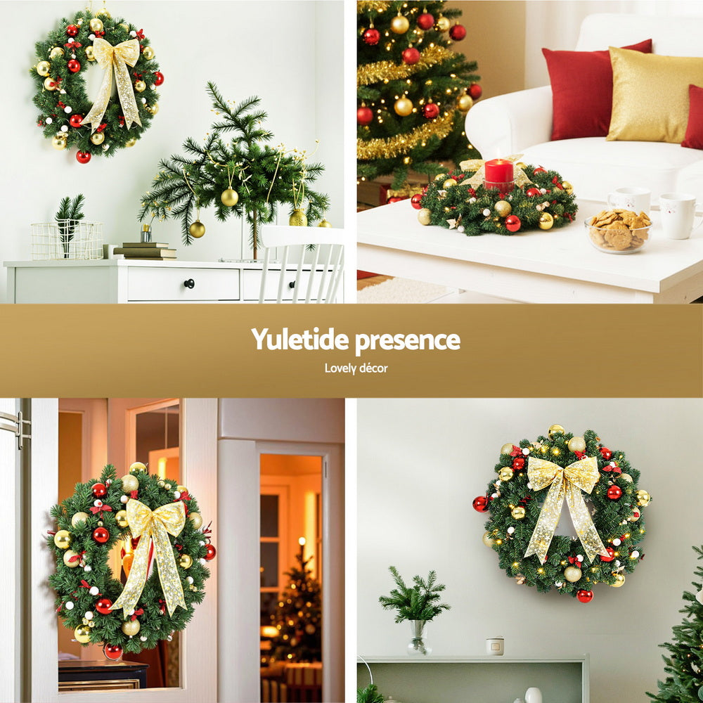 Jingle Jollys Christmas Wreath 60CM LED Garland Berries Bow Baubles Xmas Decor - Homecoze