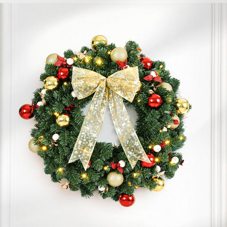 Jingle Jollys Christmas Wreath 60CM LED Garland Berries Bow Baubles Xmas Decor - Homecoze