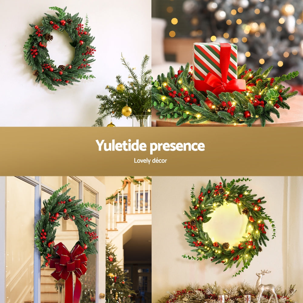 60cm Decorated Christmas Wreath LED Lights - Homecoze