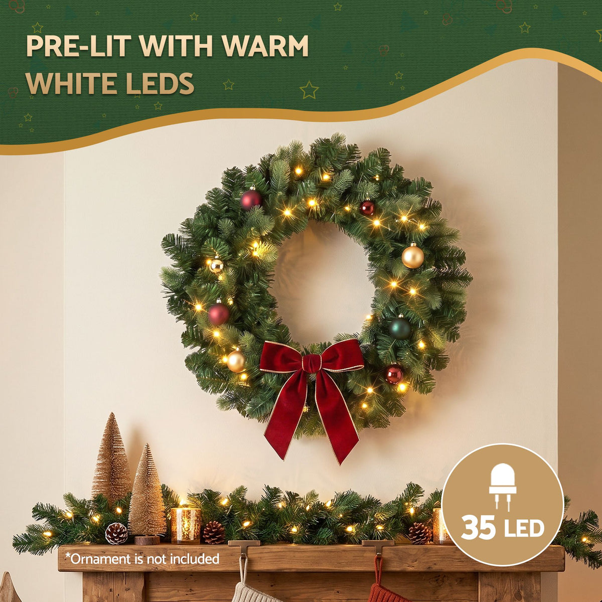 60cm Pre-lit LED Christmas Wreath - Green