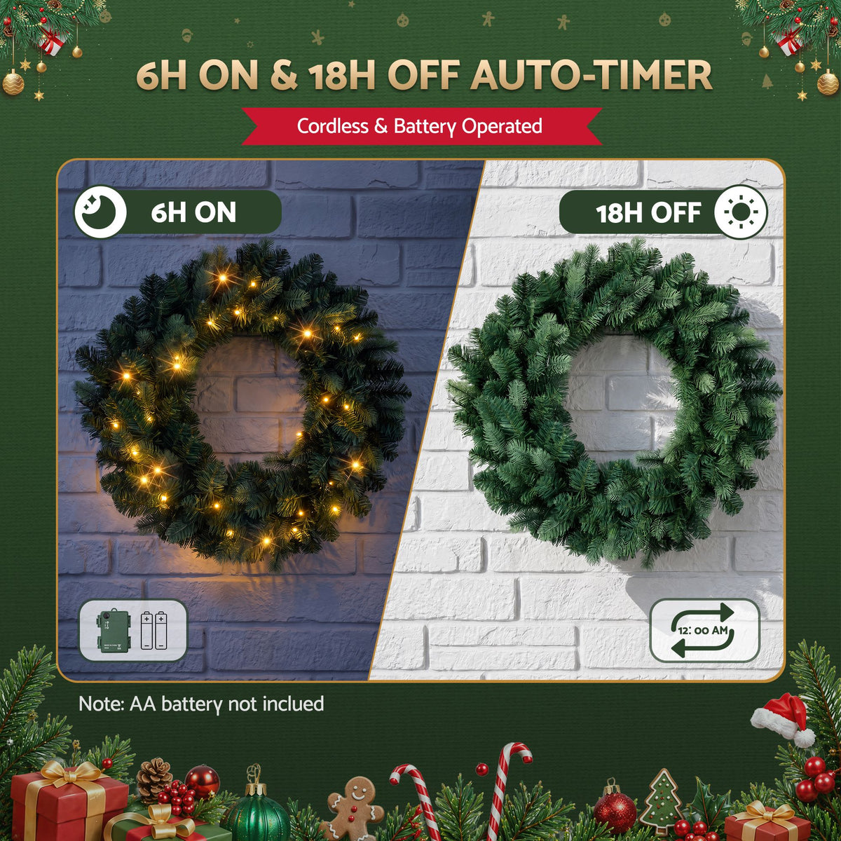 60cm Pre-lit LED Christmas Wreath - Green