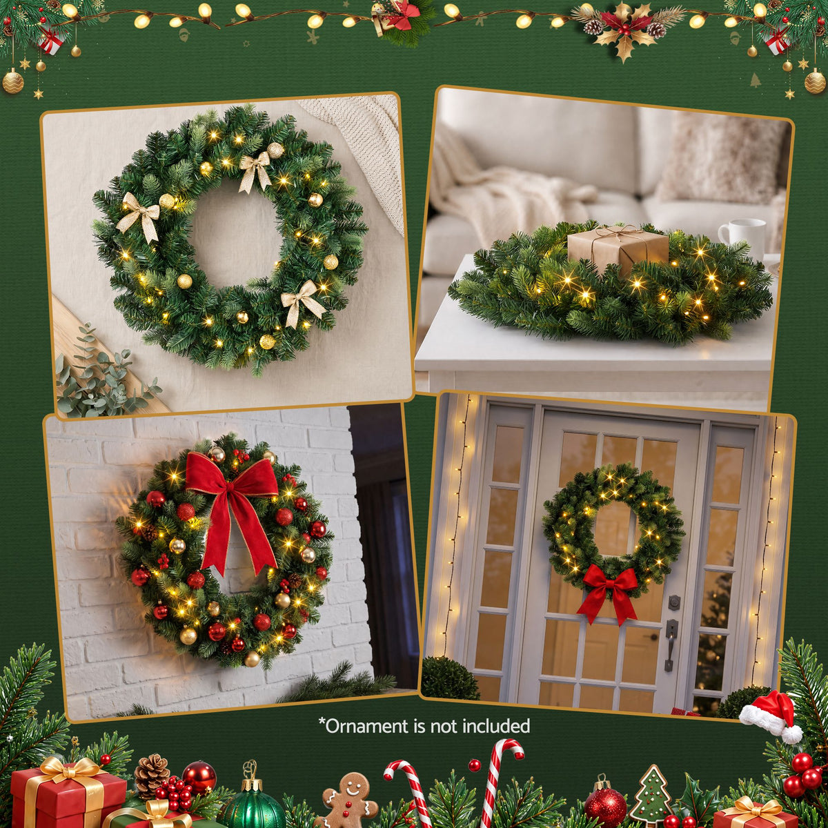 60cm Pre-lit LED Christmas Wreath - Green
