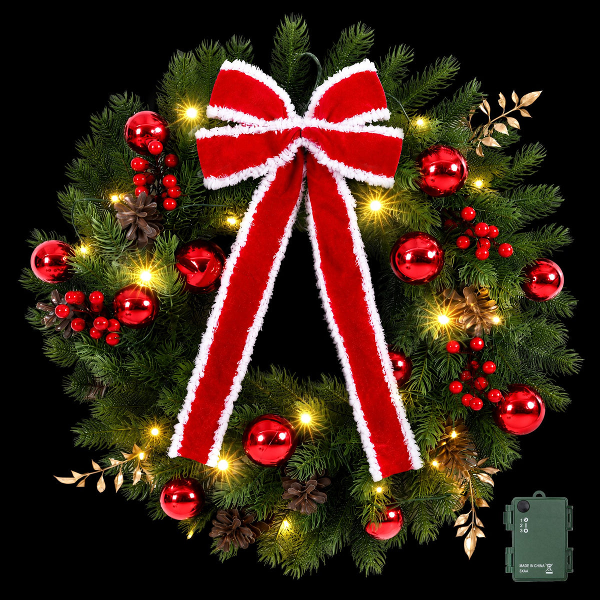 60cm Pre-lit LED Red Bow Christmas Wreath
