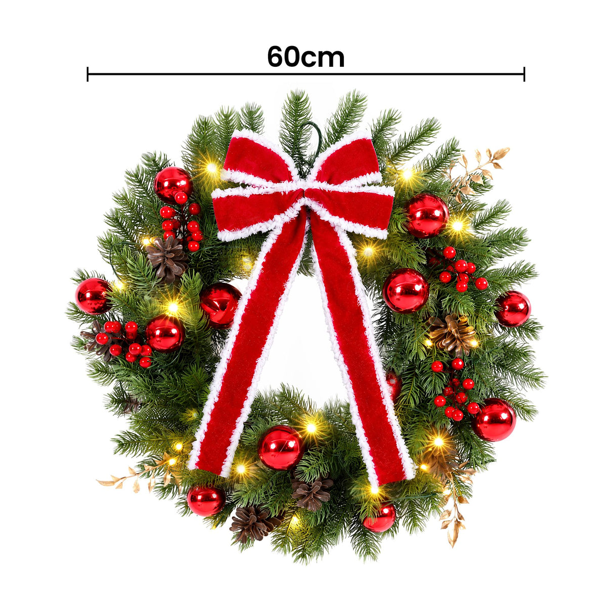 60cm Pre-lit LED Red Bow Christmas Wreath