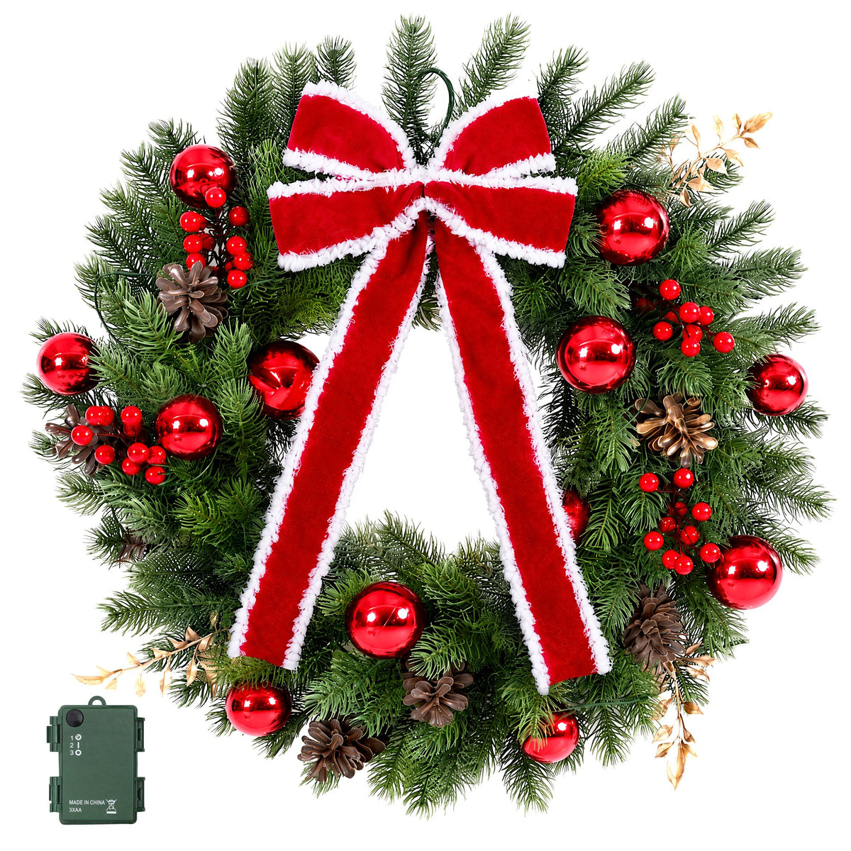 60cm Pre-lit LED Red Bow Christmas Wreath
