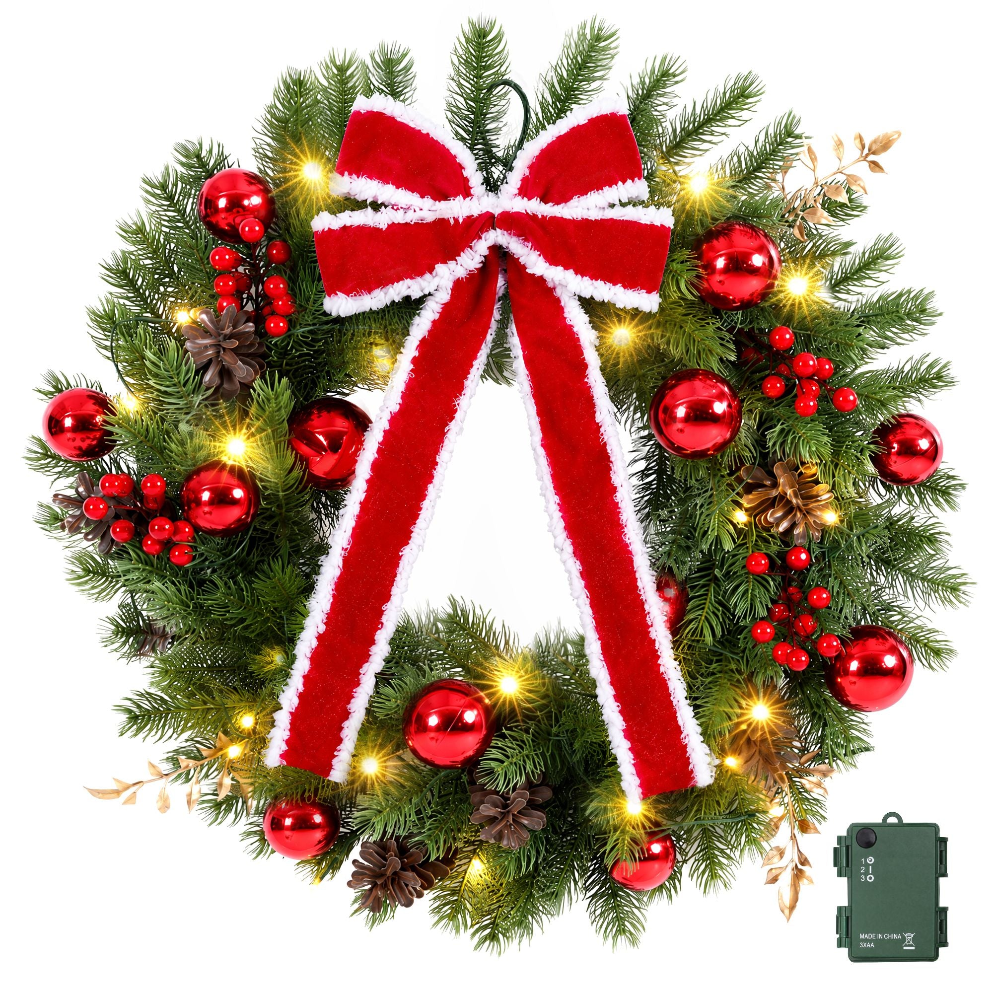 60cm Pre-lit LED Red Bow Christmas Wreath