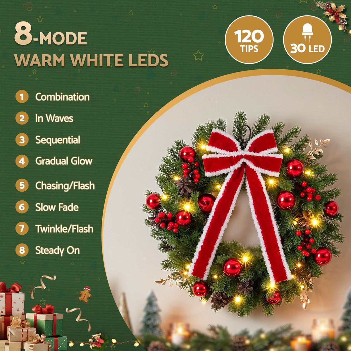 60cm Pre-lit LED Red Bow Christmas Wreath