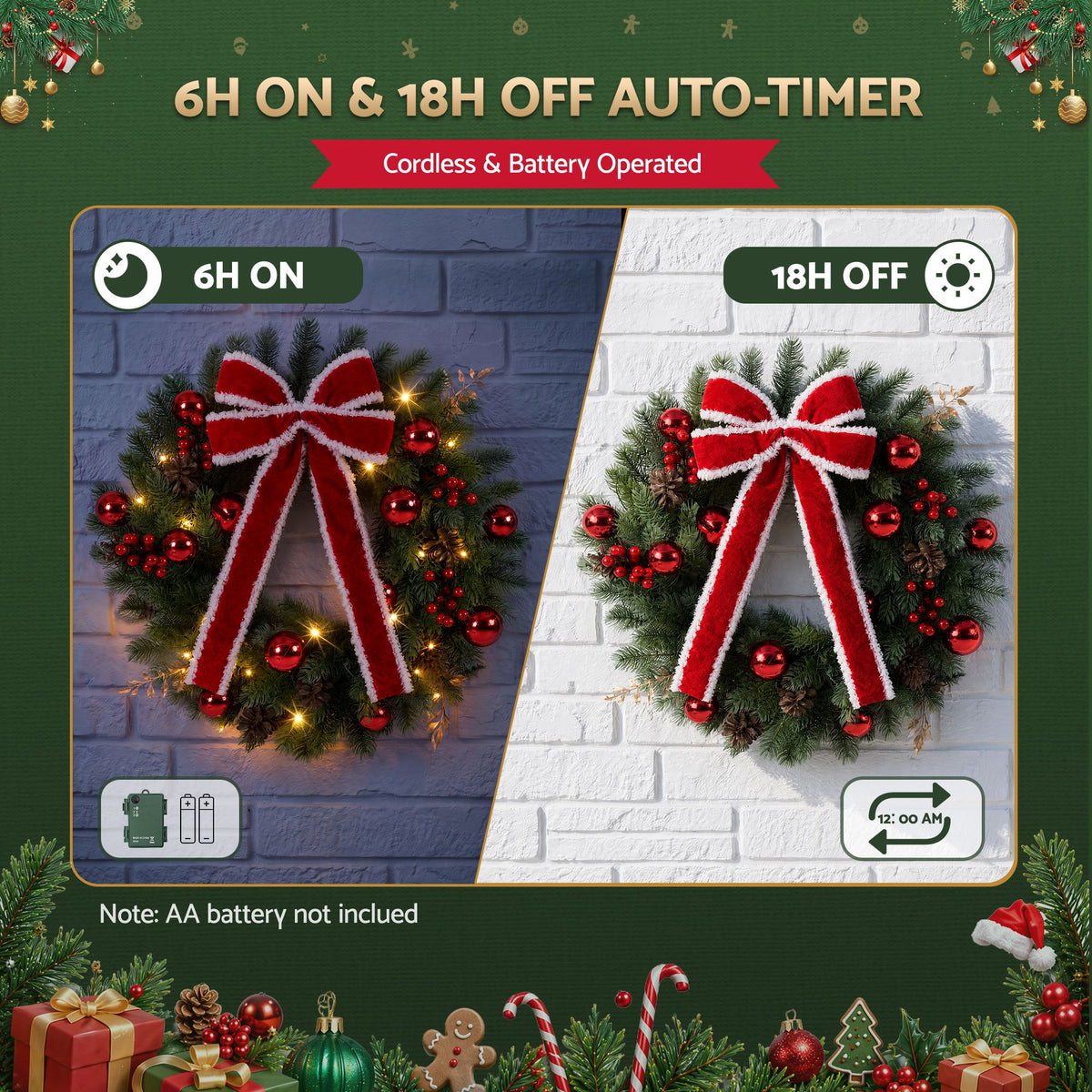 60cm Pre-lit LED Red Bow Christmas Wreath