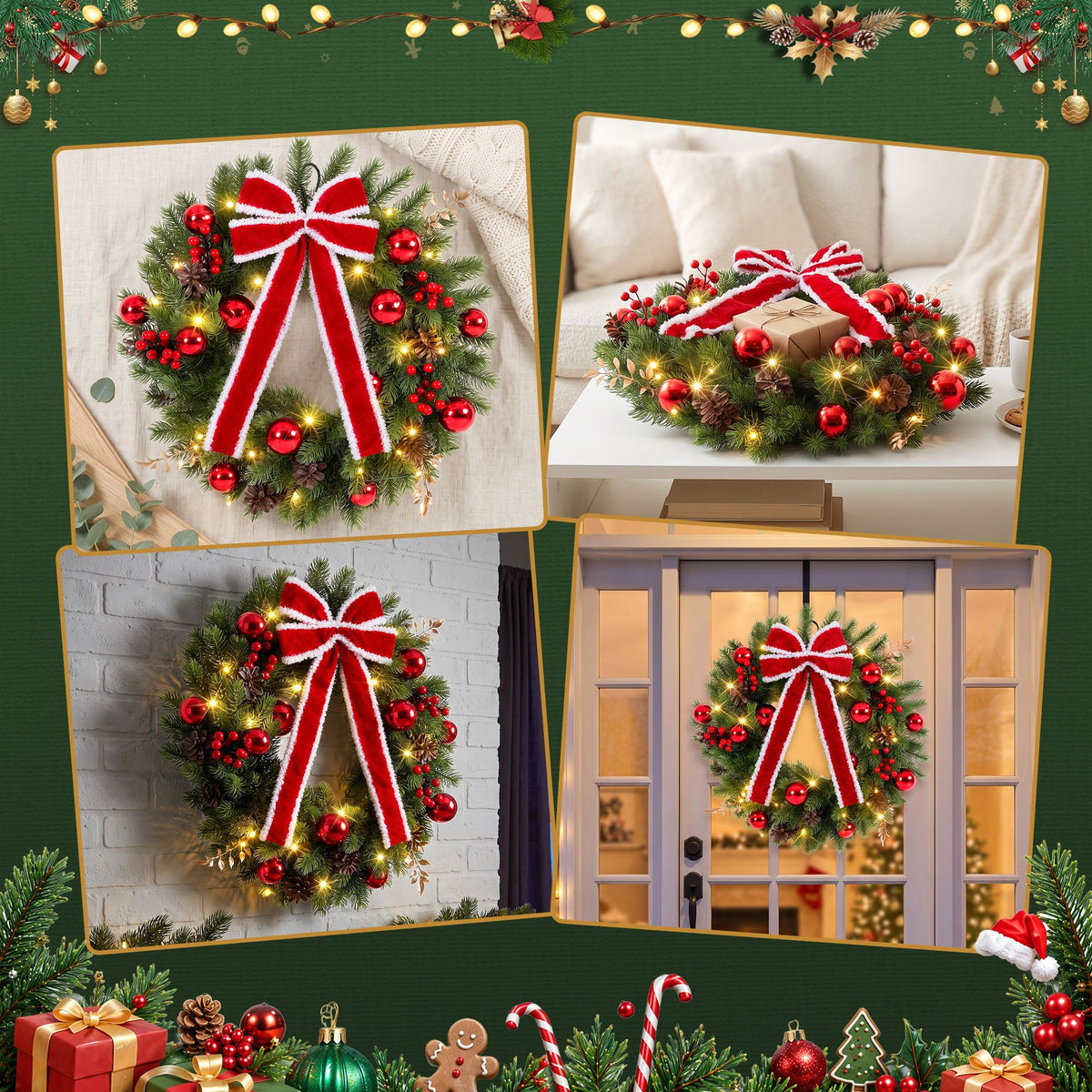 60cm Pre-lit LED Red Bow Christmas Wreath