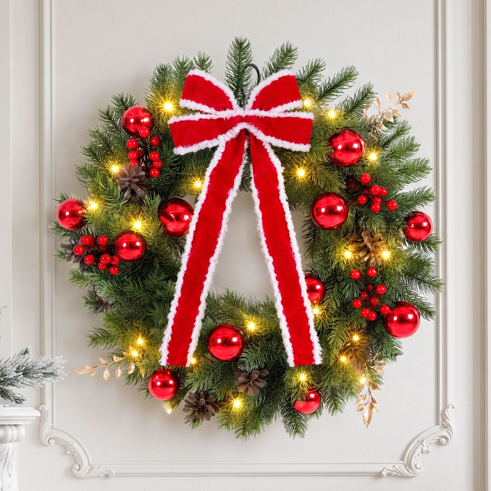 60cm Pre-lit LED Red Bow Christmas Wreath