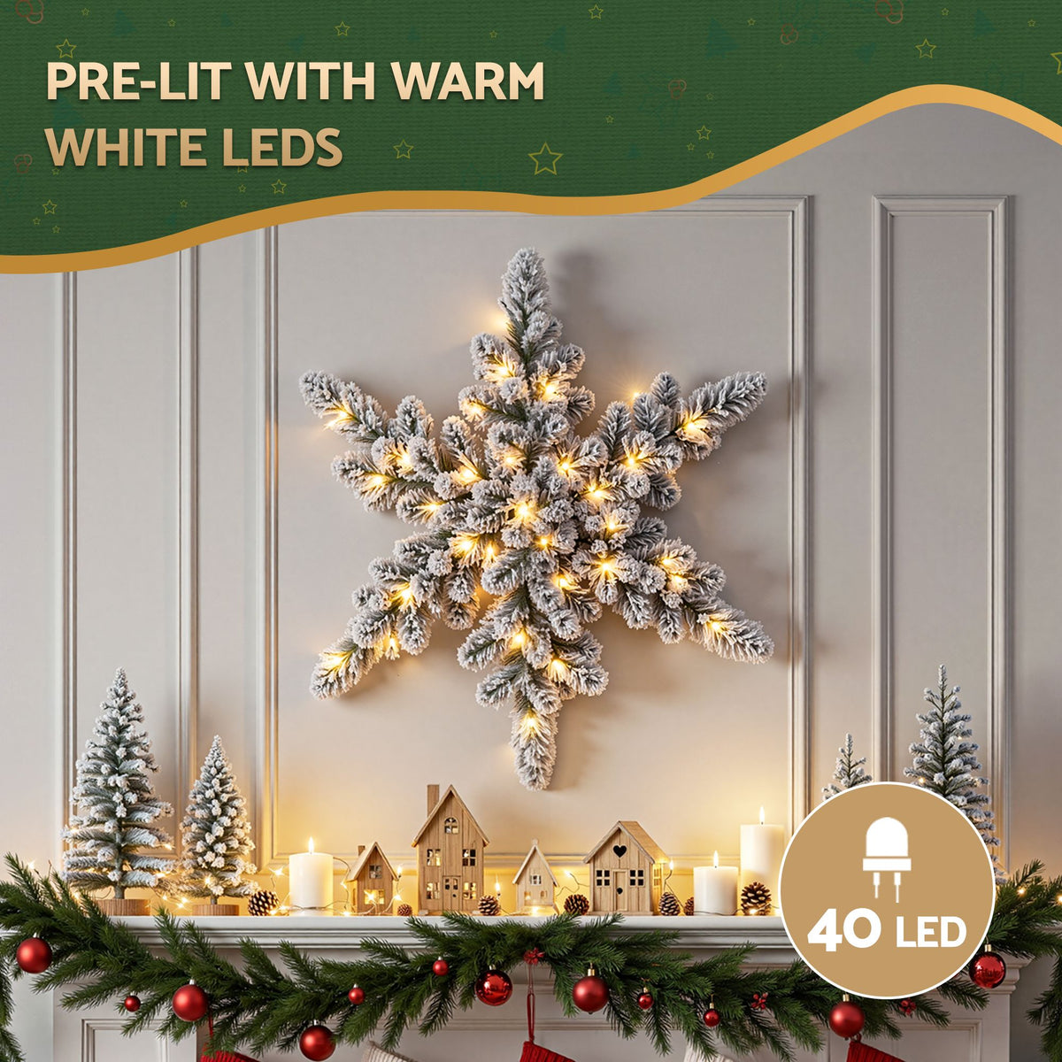 60cm Pre-lit LED Snow Flocked Star Christmas Wreath