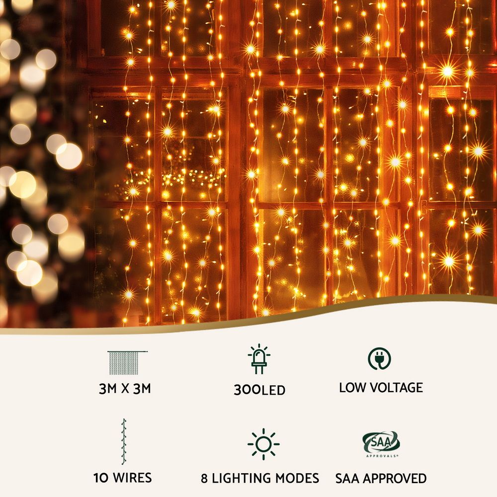 3m x 3m LED Curtain Christmas Lights 300 LED - Warm White
