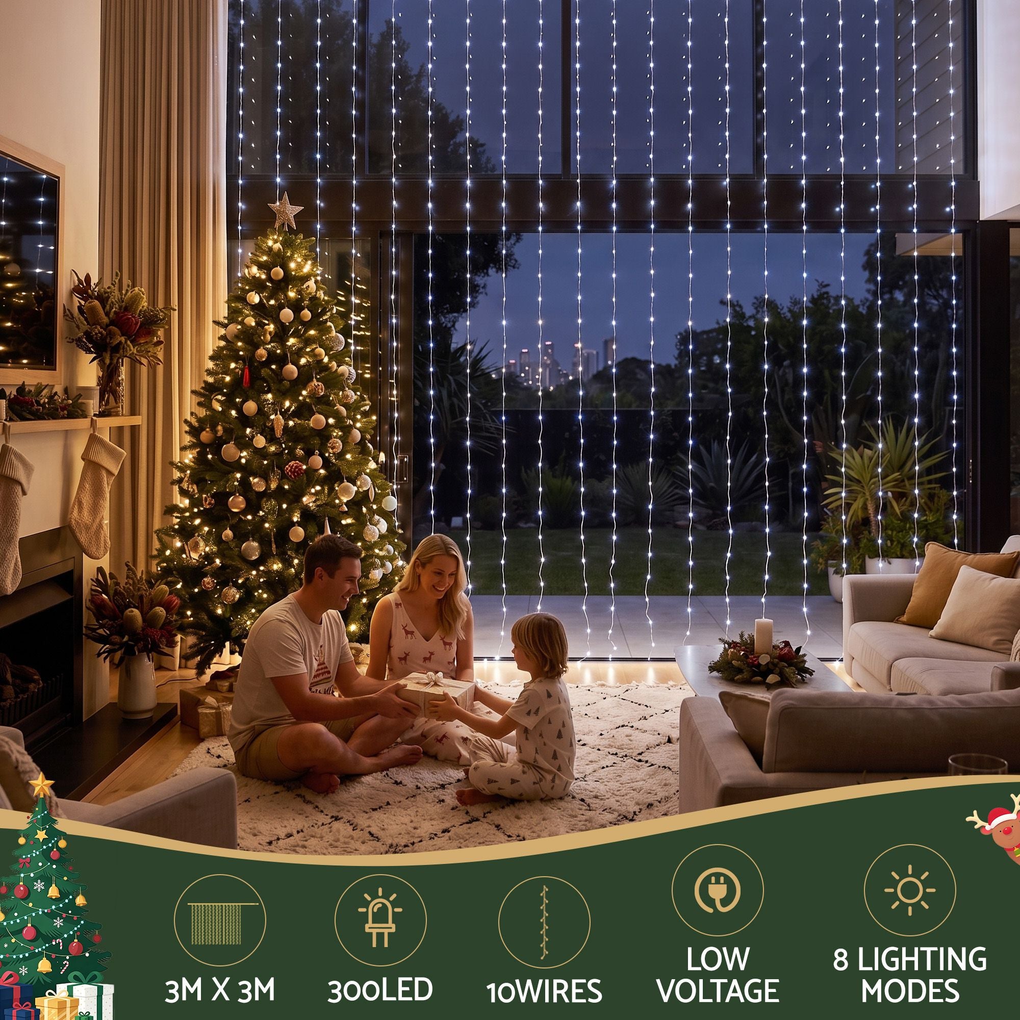 3m x 3m LED Curtain Christmas Lights 300 LED - Cool White