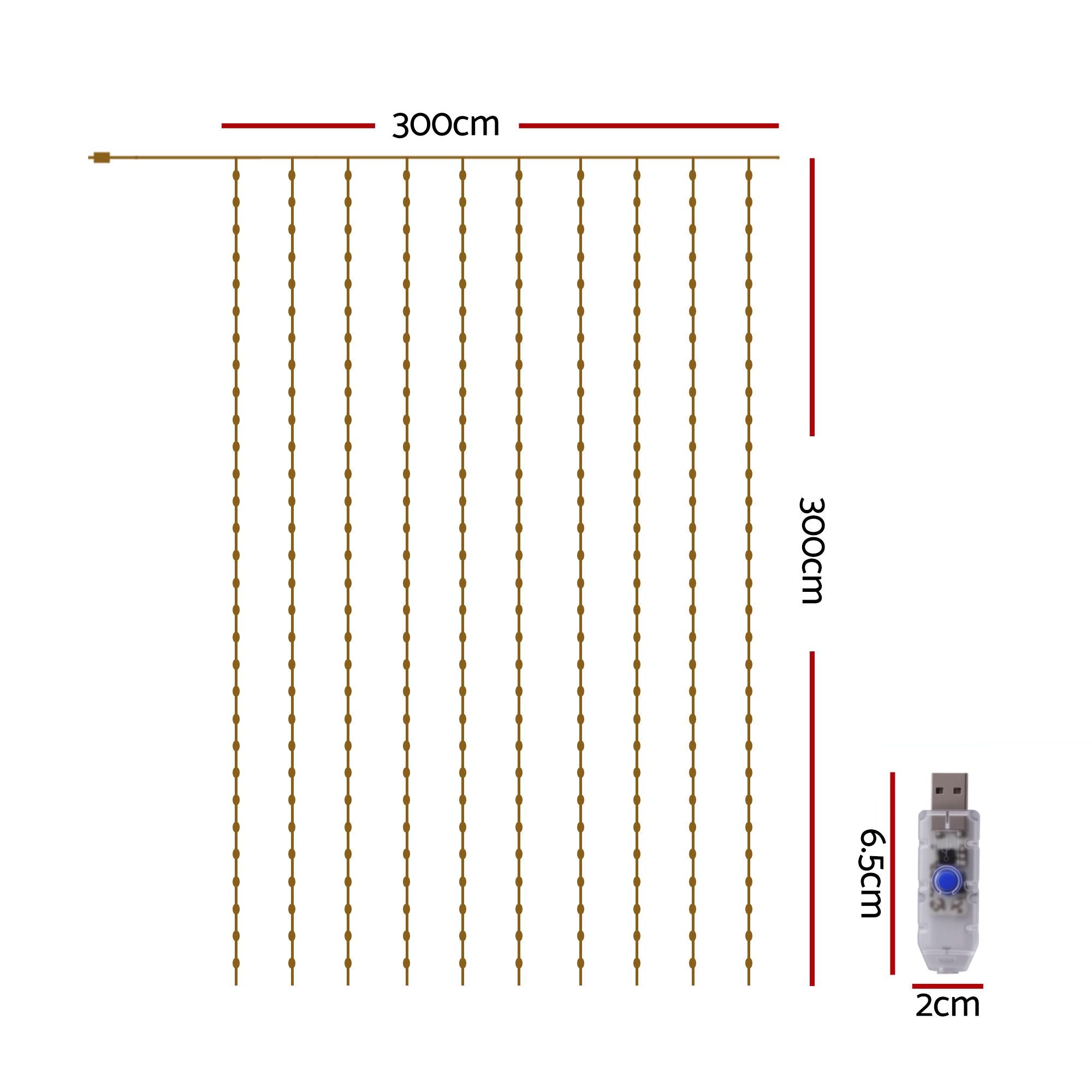 3m x 3m LED Curtain Christmas Lights 300 LED - Cool White