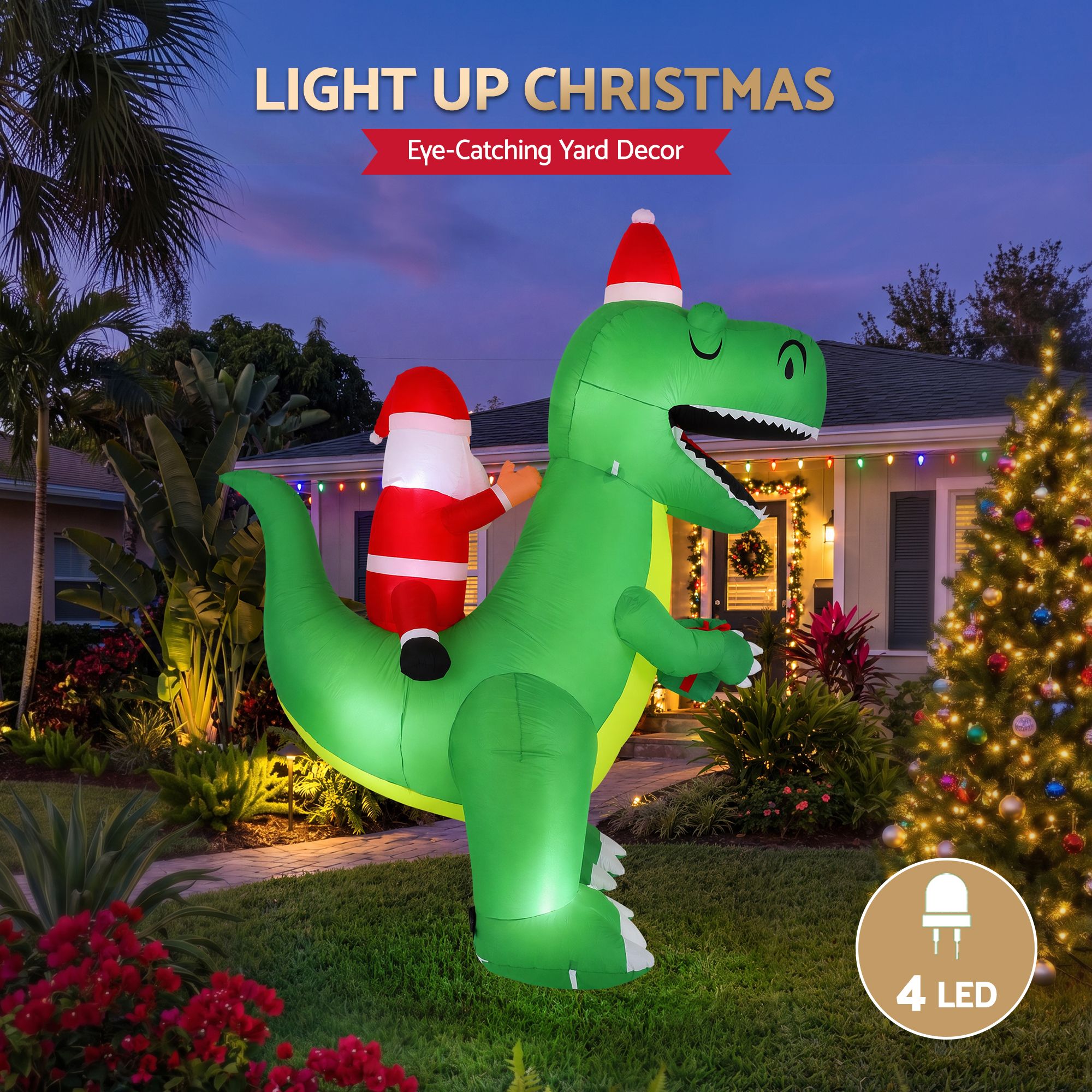 2.5m Festive Dinosaur LED Christmas Inflatable