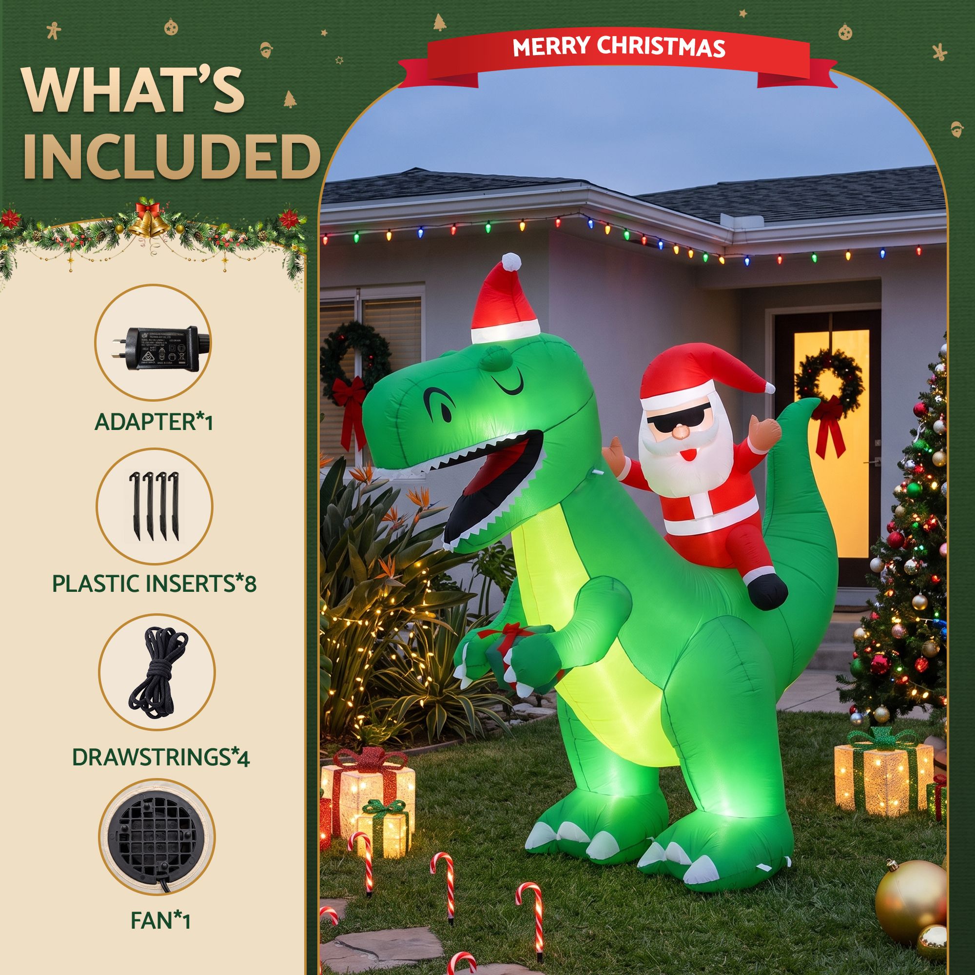 2.5m Festive Dinosaur LED Christmas Inflatable