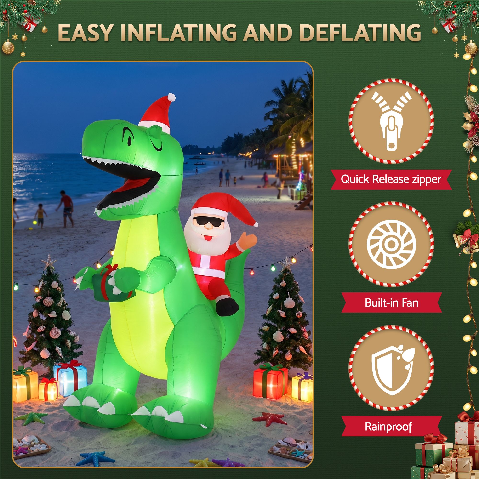 2.5m Festive Dinosaur LED Christmas Inflatable