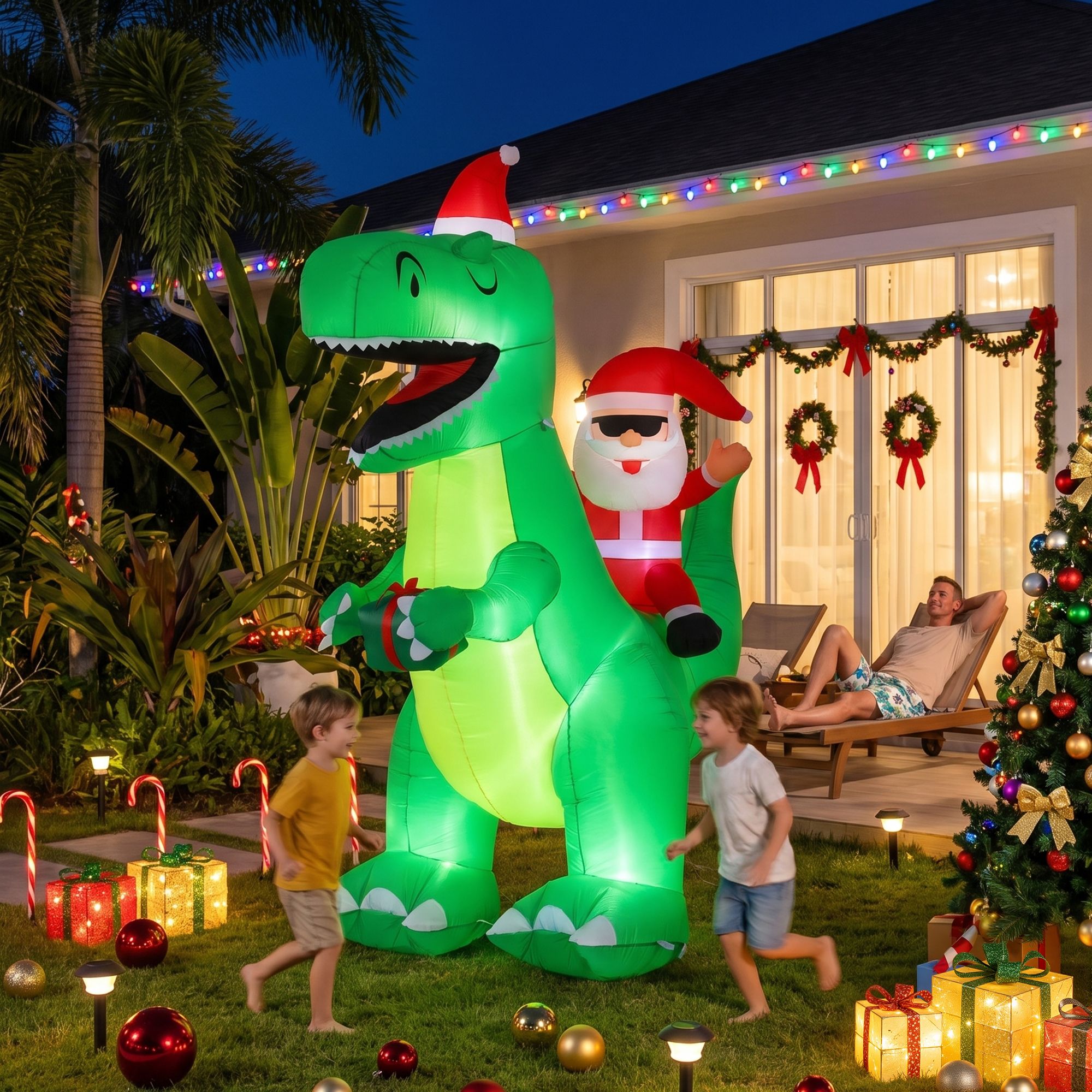 2.5m Festive Dinosaur LED Christmas Inflatable
