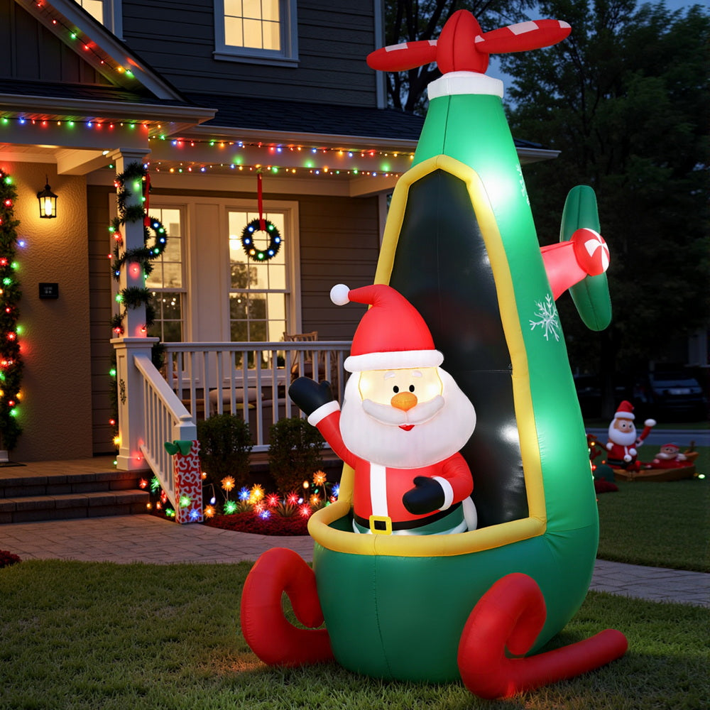 Jingle Jollys Christmas Inflatable Santa in Helicopter 2.55M Height LED Illuminated Decorations - Homecoze