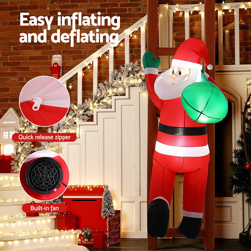 Jingle Jollys Christmas Inflatable Santa Climbing Ladder 2.45M Height LED Decorations Illuminated - Homecoze