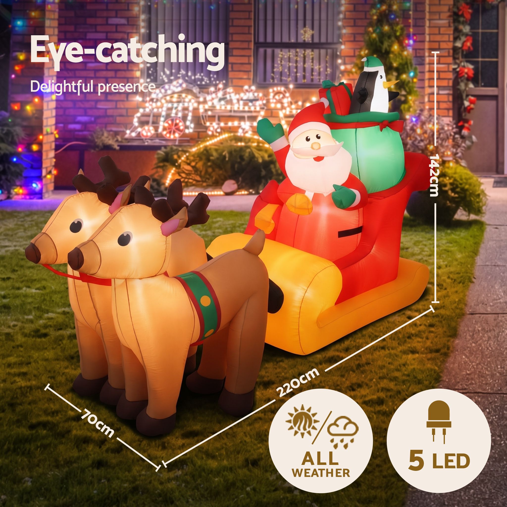 2.2m Santa's Sleigh & Reindeer LED Christmas Inflatable