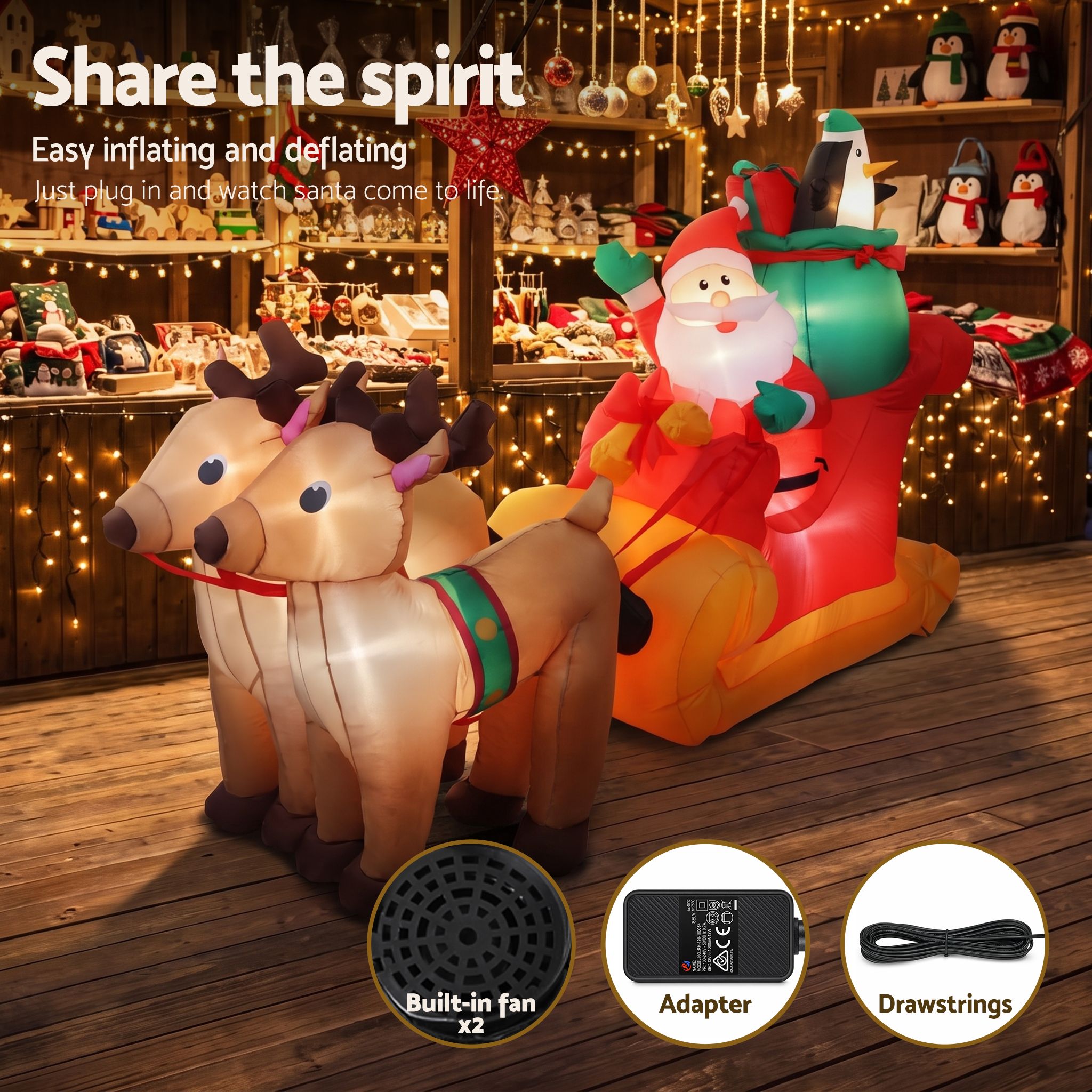 2.2m Santa's Sleigh & Reindeer LED Christmas Inflatable