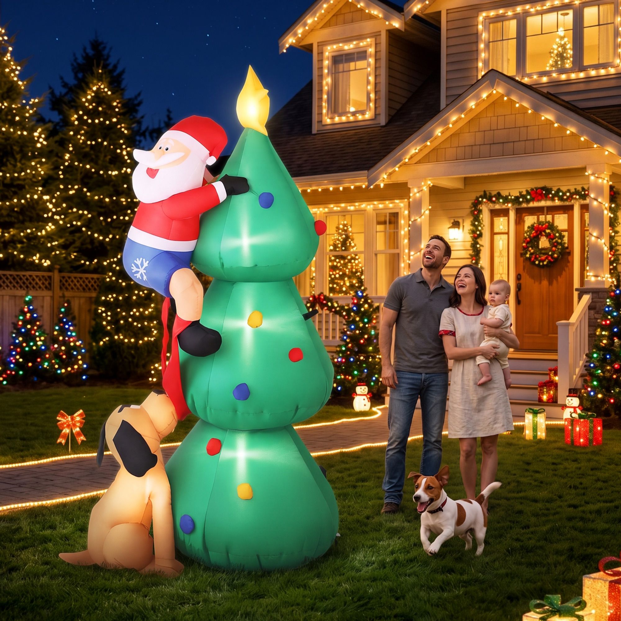 1.8m Dog Chasing Santa LED Christmas Inflatable