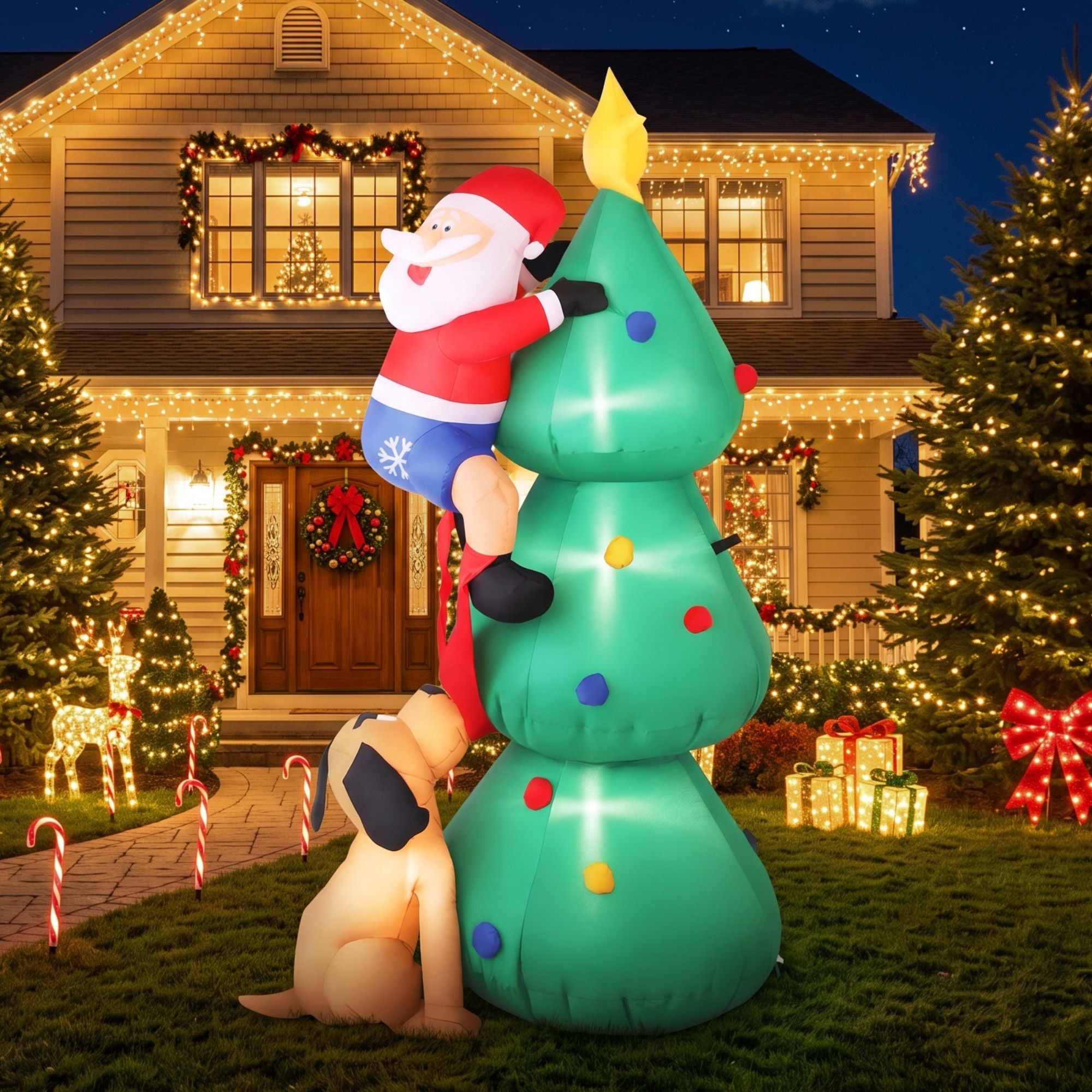 1.8m Dog Chasing Santa LED Christmas Inflatable