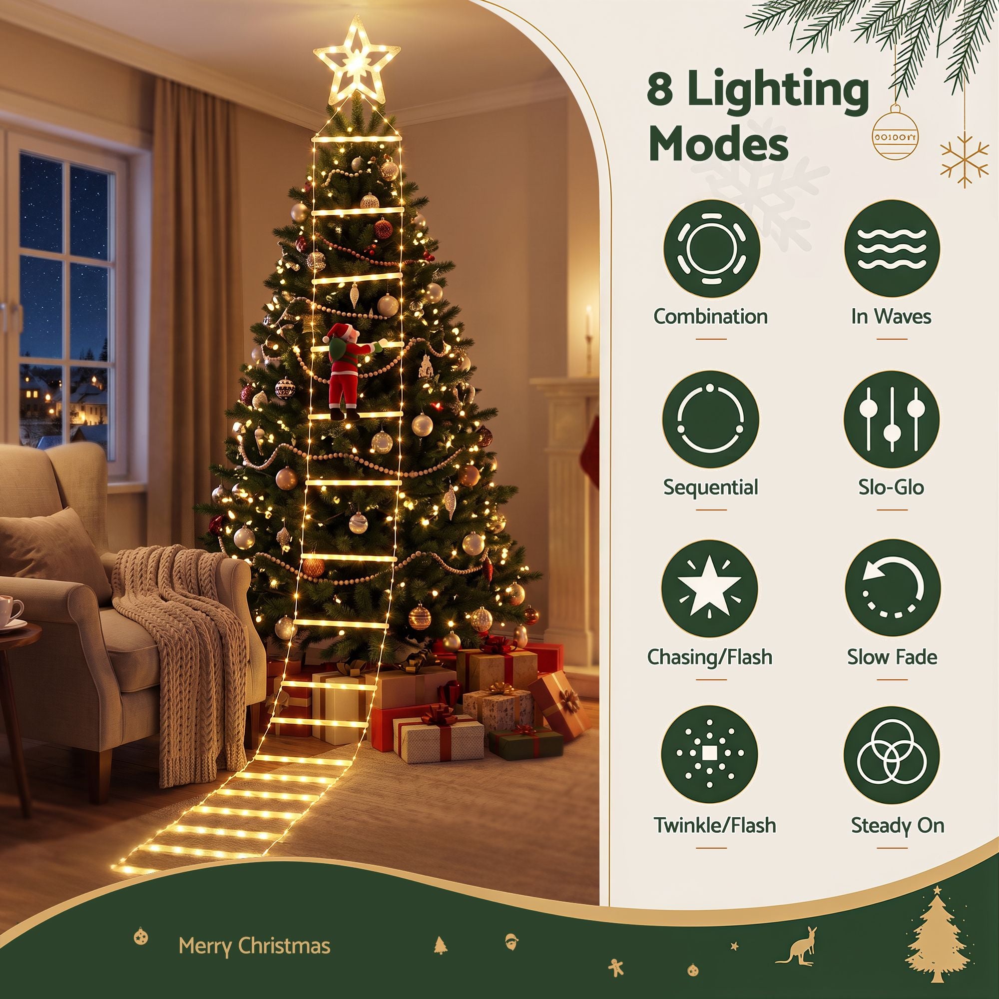 3.4m Santa Climbing Ladder LED Christmas Motif Light - Warm White