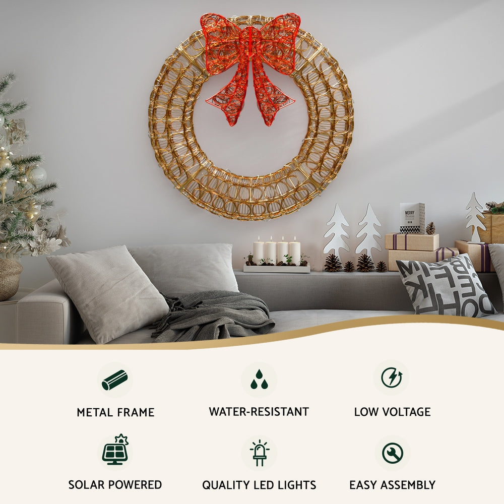 60cm Christmas Wreath Solar LED Motif Lights - Gold - Homecoze