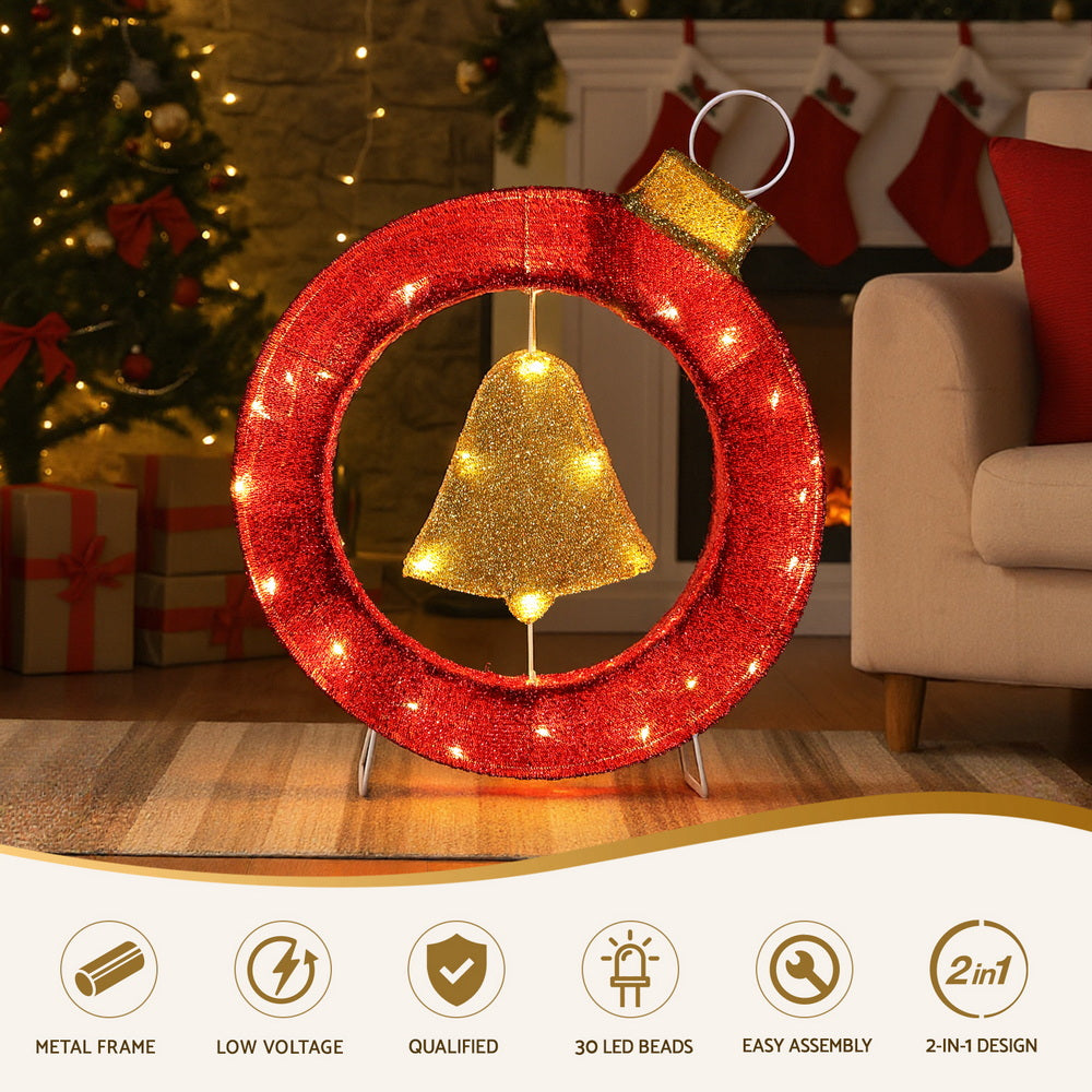 Jingle Jollys Christmas Lights 60cm Motif 30 LED Bell Wreath Xmas Decorations - Homecoze