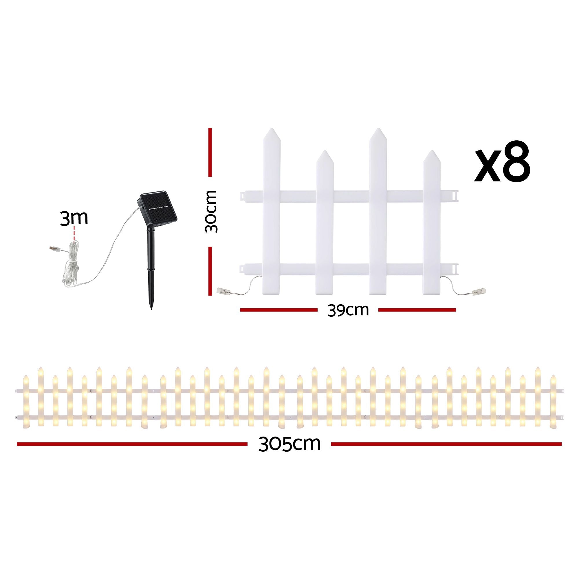 3m Solar LED Christmas Fence Lights 8PC - Warm White