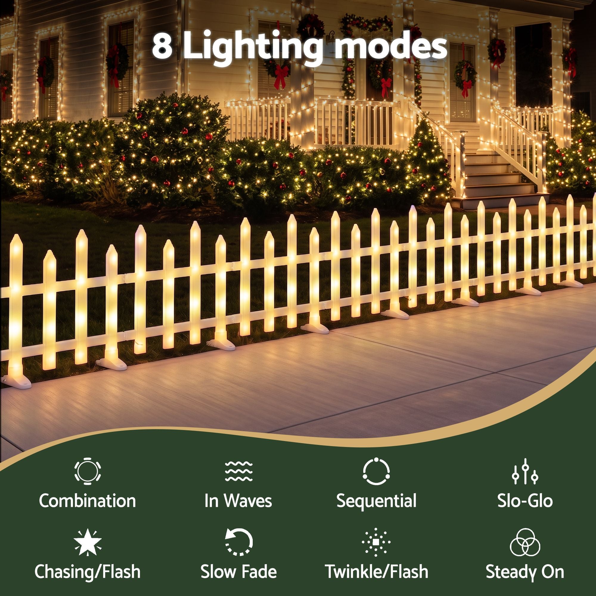3m Solar LED Christmas Fence Lights 8PC - Warm White