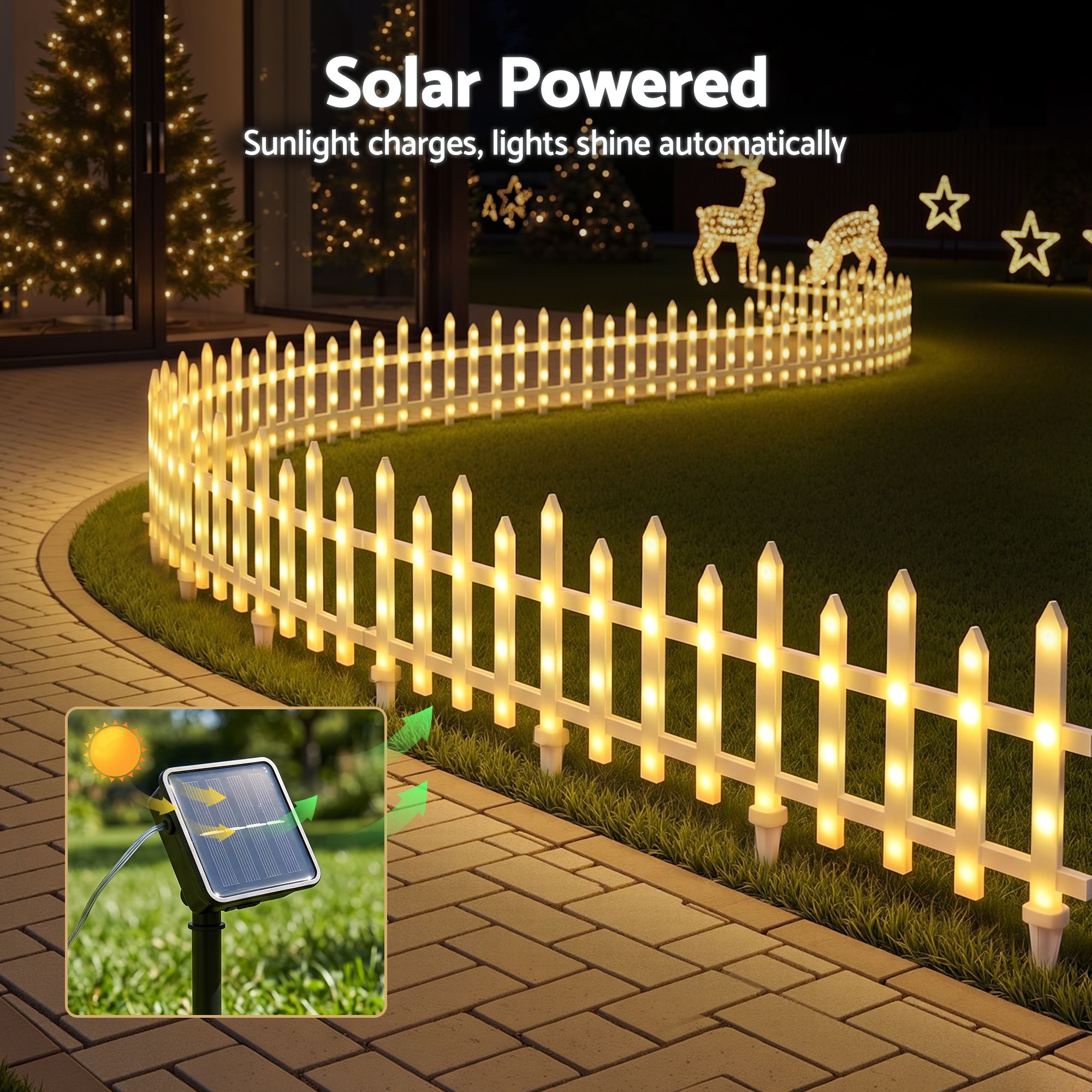 3m Solar LED Christmas Fence Lights 8PC - Warm White