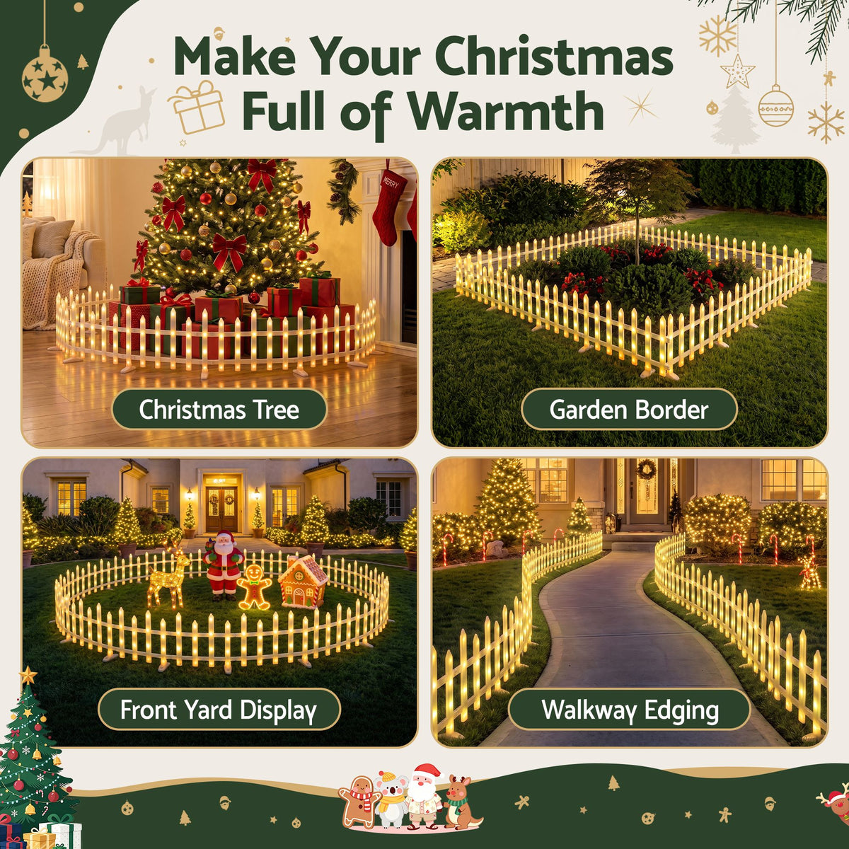 3m Solar LED Christmas Fence Lights 8PC - Warm White