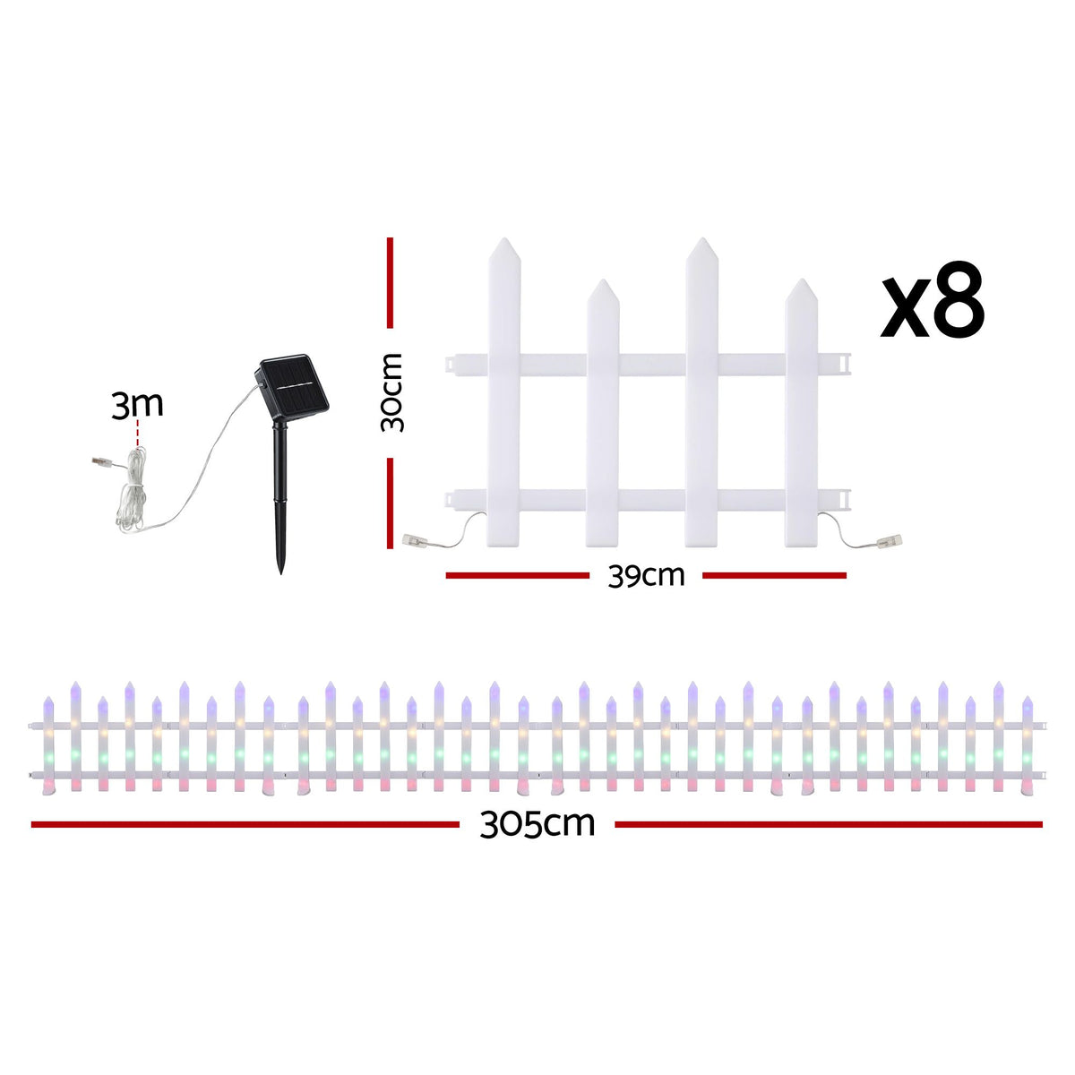 3m Solar LED Christmas Fence Lights 8PC - Muilticolour