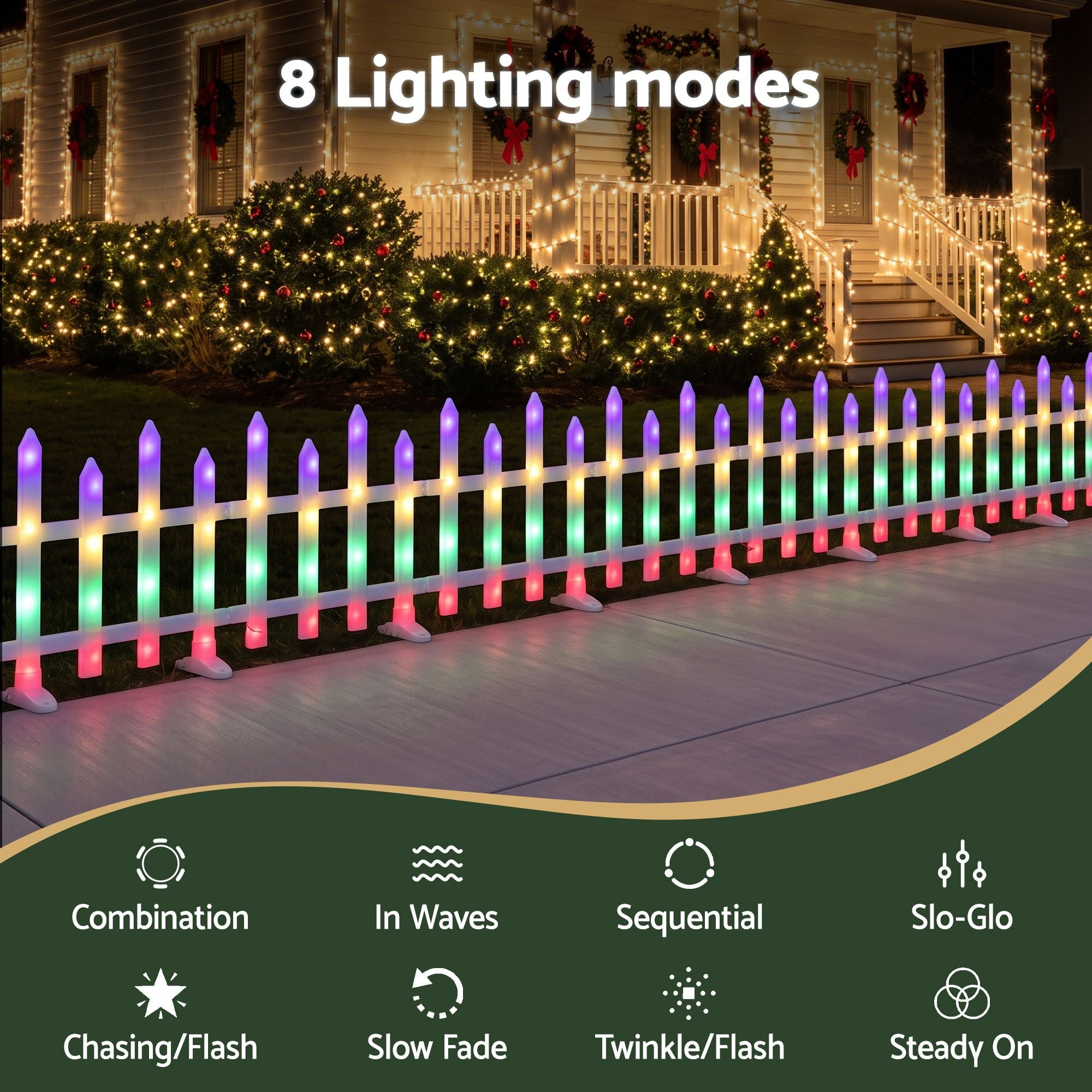 3m Solar LED Christmas Fence Lights 8PC - Muilticolour