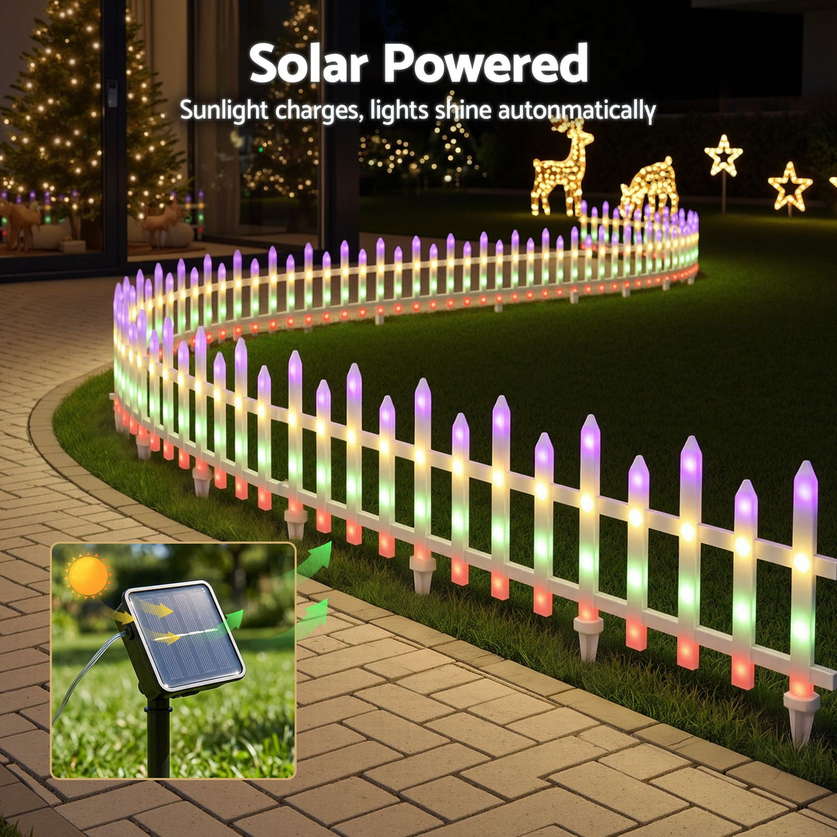 3m Solar LED Christmas Fence Lights 8PC - Muilticolour